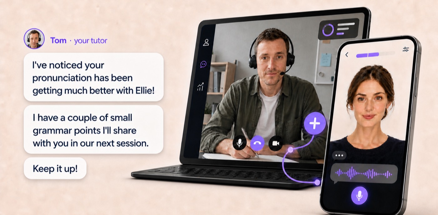 A human tutor on a laptop video call and an AI tutor on a phone, beside their messages about your pronunciation.